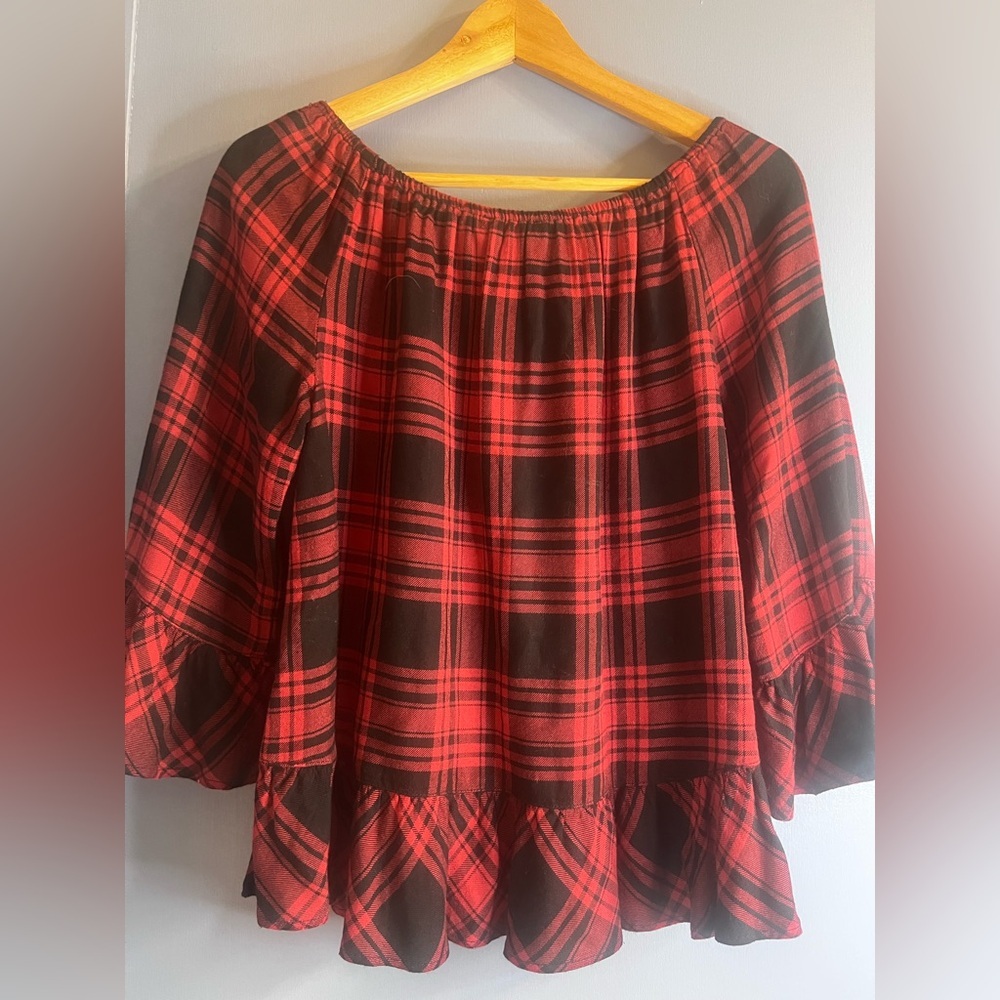 Sanctuary Red and Black Plaid Off-Shoulder Blouse / Size S